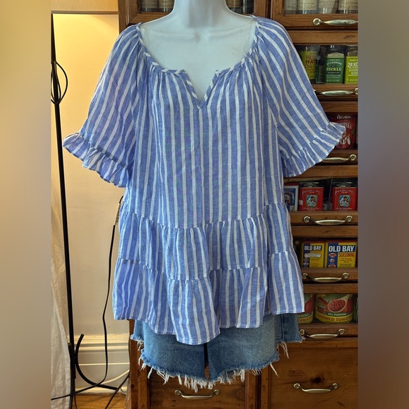 NWOT - BeachLunchLounge Linen Striped Peplum Top - large - blue & white stripe - Picture 3 of 10